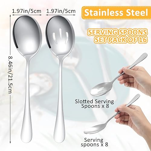 Miniatura 2 de Juego de 16 cucharas de servir de 8.5 pulgadas, incluye 8 cucharas de servir y 8 cucharas ranuradas, cucharas de acero inoxidable, cucharas grandes,