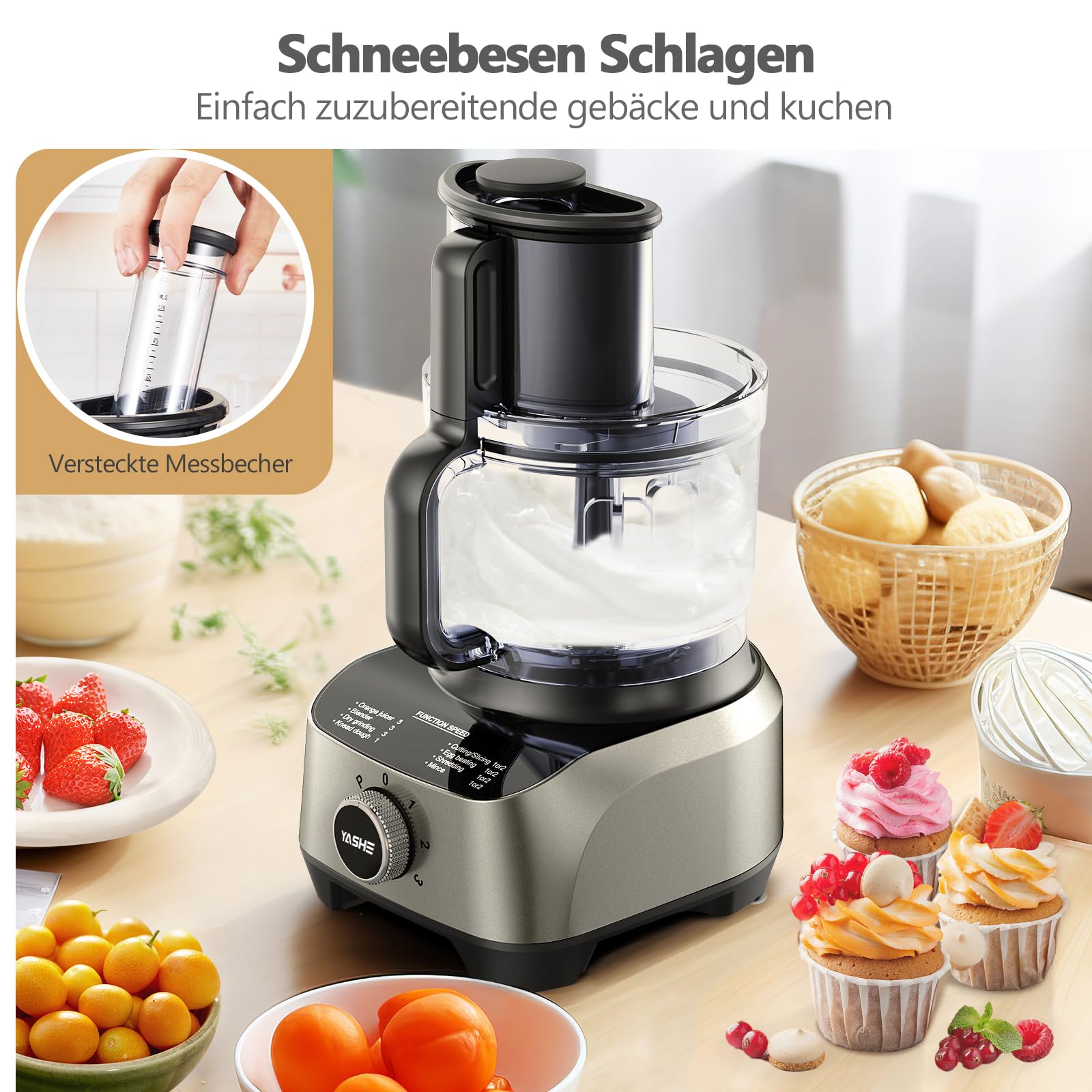 YASHE Multifunktionale Küchenmaschine, 11-in-1 Blender, Mixer, Zerkleinerer, Entsafter und Teigmaschine mit 2,5L Schüssel & 1,5L Mixbehälter, 1300W, 3-Gang, Pulsfunktion, Sicherheitsverriegelung