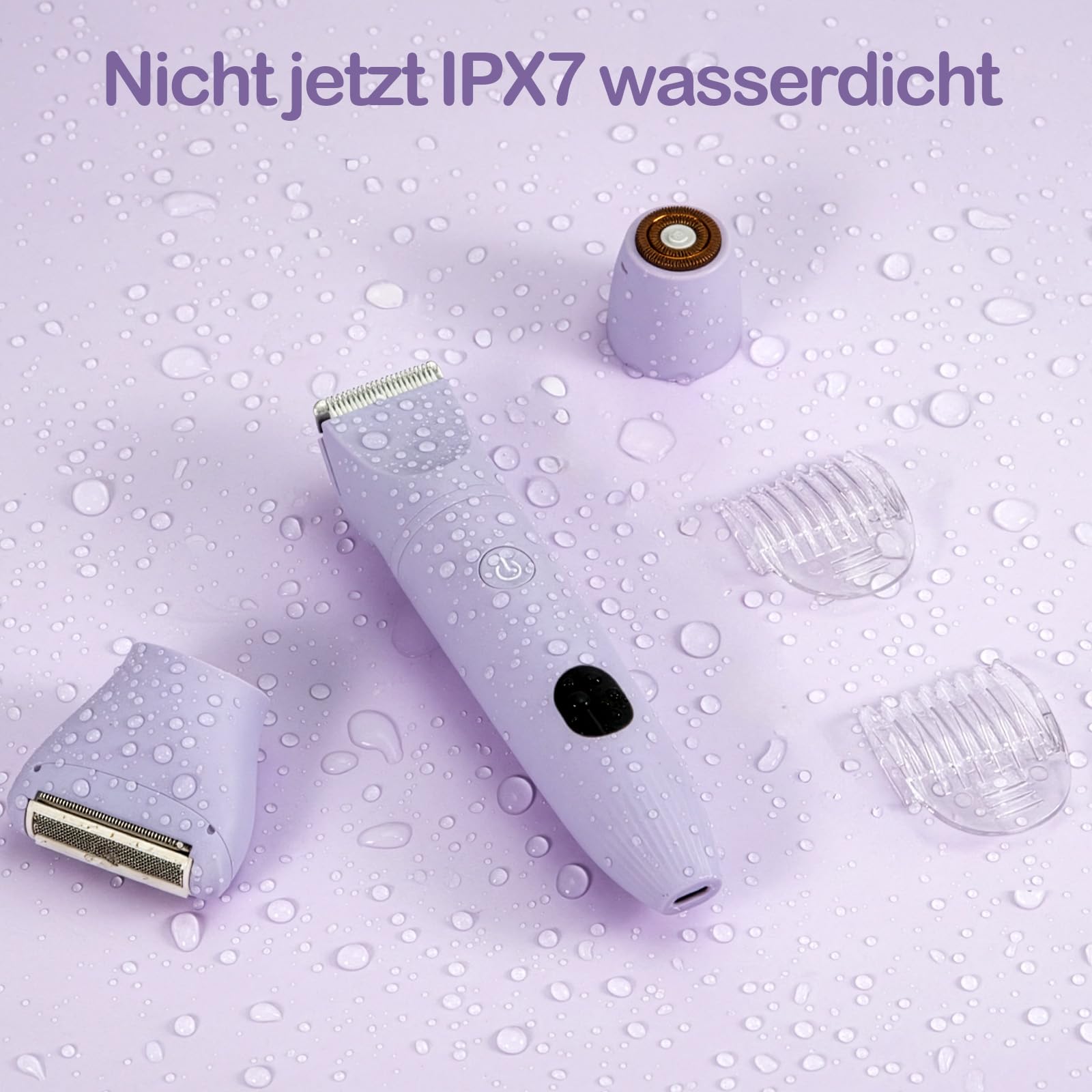 3-in-1 Damenrasierer Elektrisch, Gesicht, Achseln, Beine & Bikinizone, Körpertrimmer & Intimrasierer mit 3 austauschbaren Klingen, LCD-Display, IPX7 wasserdicht, USB aufladbar (Lila)