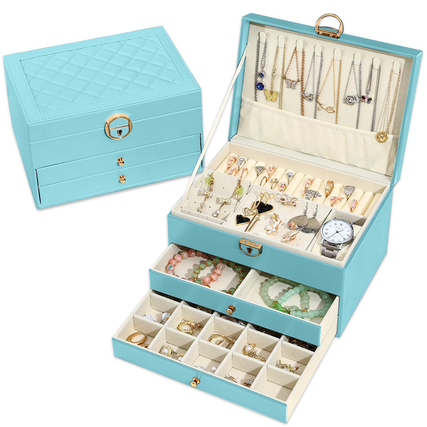 Granbest 3 Schichten Schmuckkästchen mit 2 Schubladen, Elegante Schmuckkasten, Leder Schmuckbox Ideal für Halsketten, Armbänder, Ringe und Ohrringe