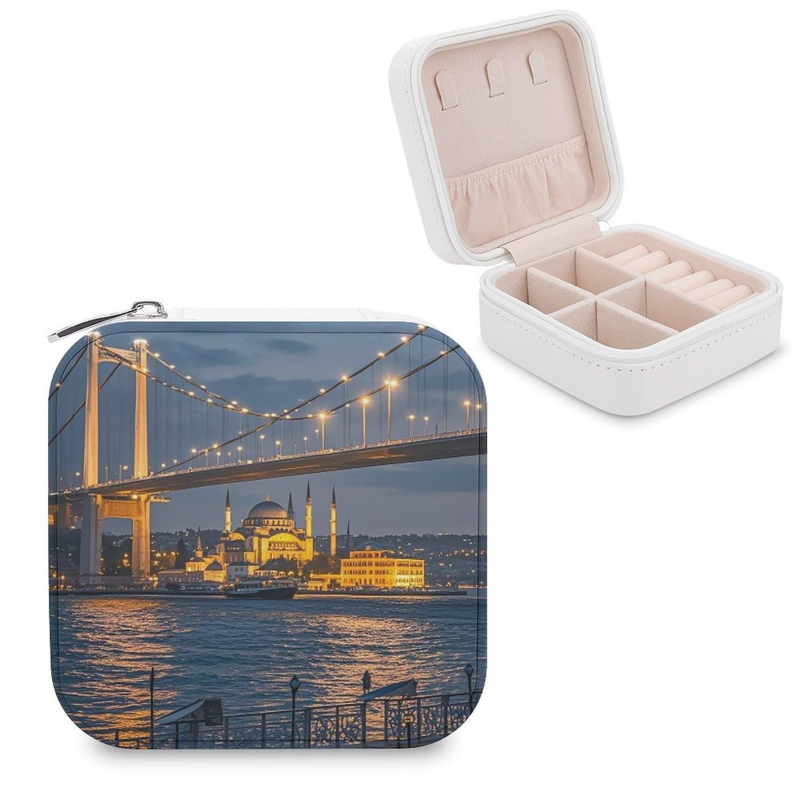 LZQPOEAS Strait Bridge Jewelry Box Mini Jewelry Travel Case Trendy Stuff Ring Box Custom PU Leather Jewelry Boxes Portable Jewelry Case Earring Storage Organizer for Girls Women