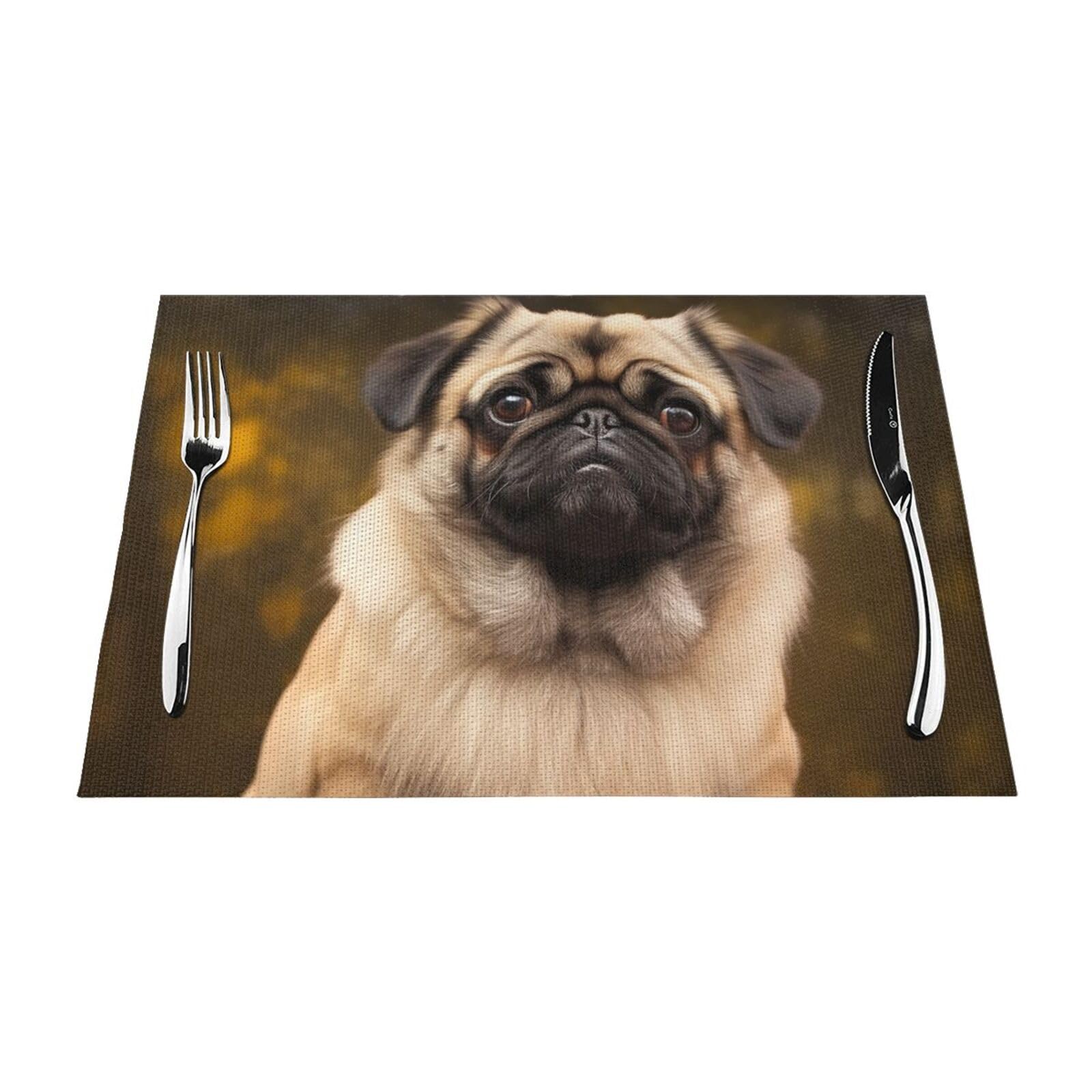 Pug Dog Placemats Set of 1 - Woven Vinyl Kitchen Table Placemats - Heat Resistant Non-Slip Place Mats for Dining Table, Washable Indoor Outdoor Table Mats 12x18 Inch