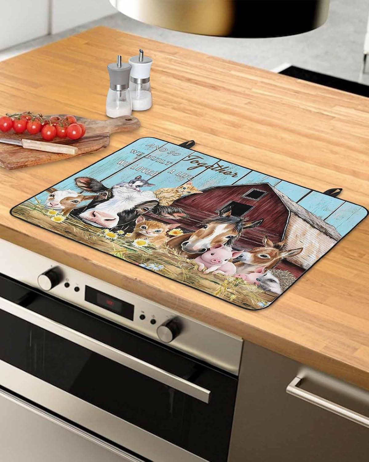 Stove Cover for Electric Stove, Farm Barn Cow Pig Horse Sheep Farmhouse Animal Wood Board Stove Top Cover for Glass Top, Heat Rubber Mat Foldable Cooktop Cover Top Protector, 28.5"x20.5"
