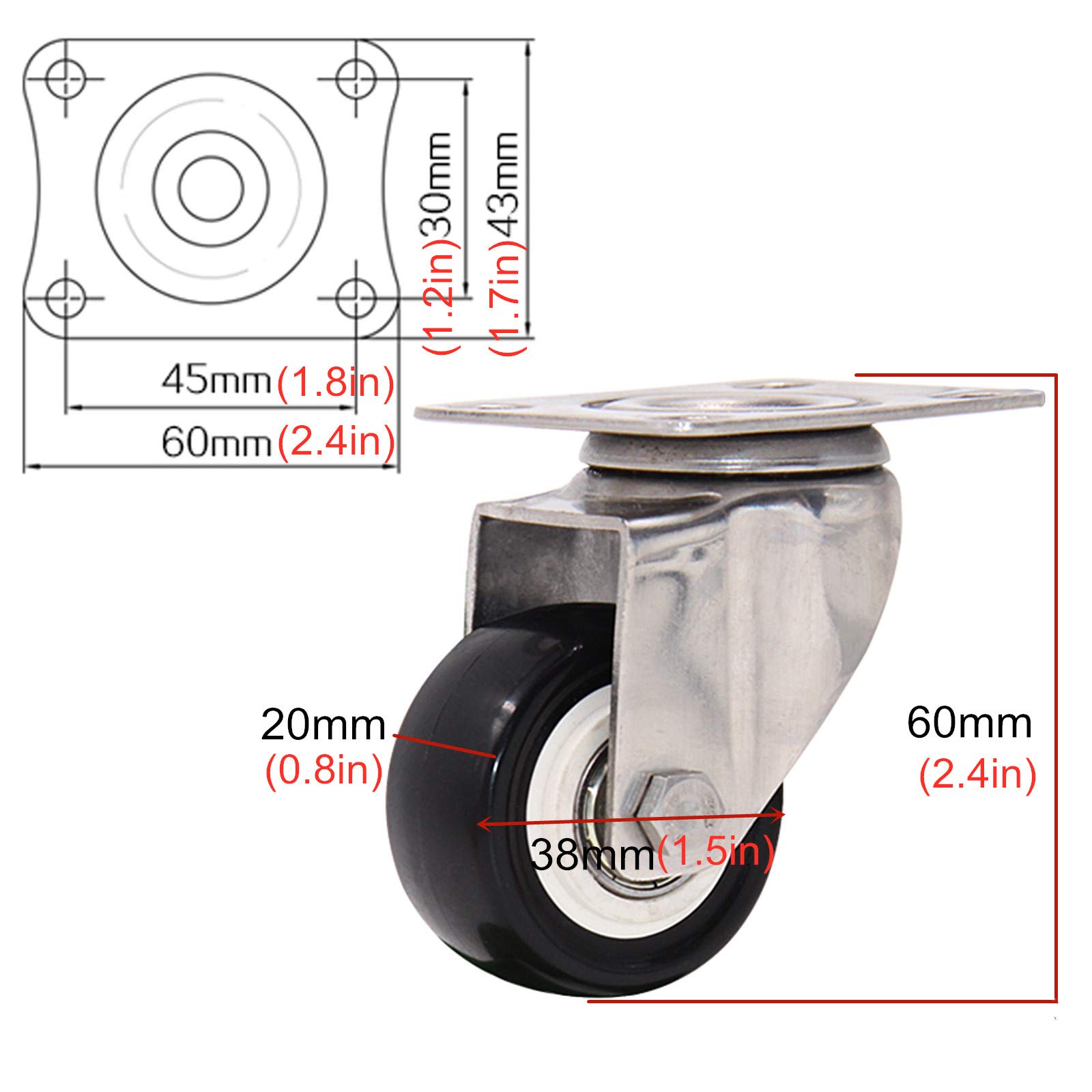 Ruote girevoli per carrelli ad Alta Resistenza con PU, Acciaio Inossidabile, per mobili, portafiori, Confezione da 4, Misura Universale, Dimensioni 38 mm per movimenti fluidi.