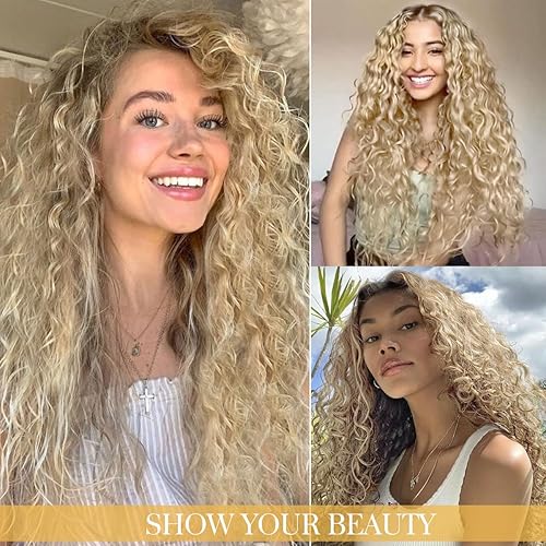 Miniatura 4 de Halcyon Peluca larga y rizada para mujeres negras, peluca sintética rizada de 26 pulgadas, pelucas de repuesto de cabello (26 pulgadas, rubio)