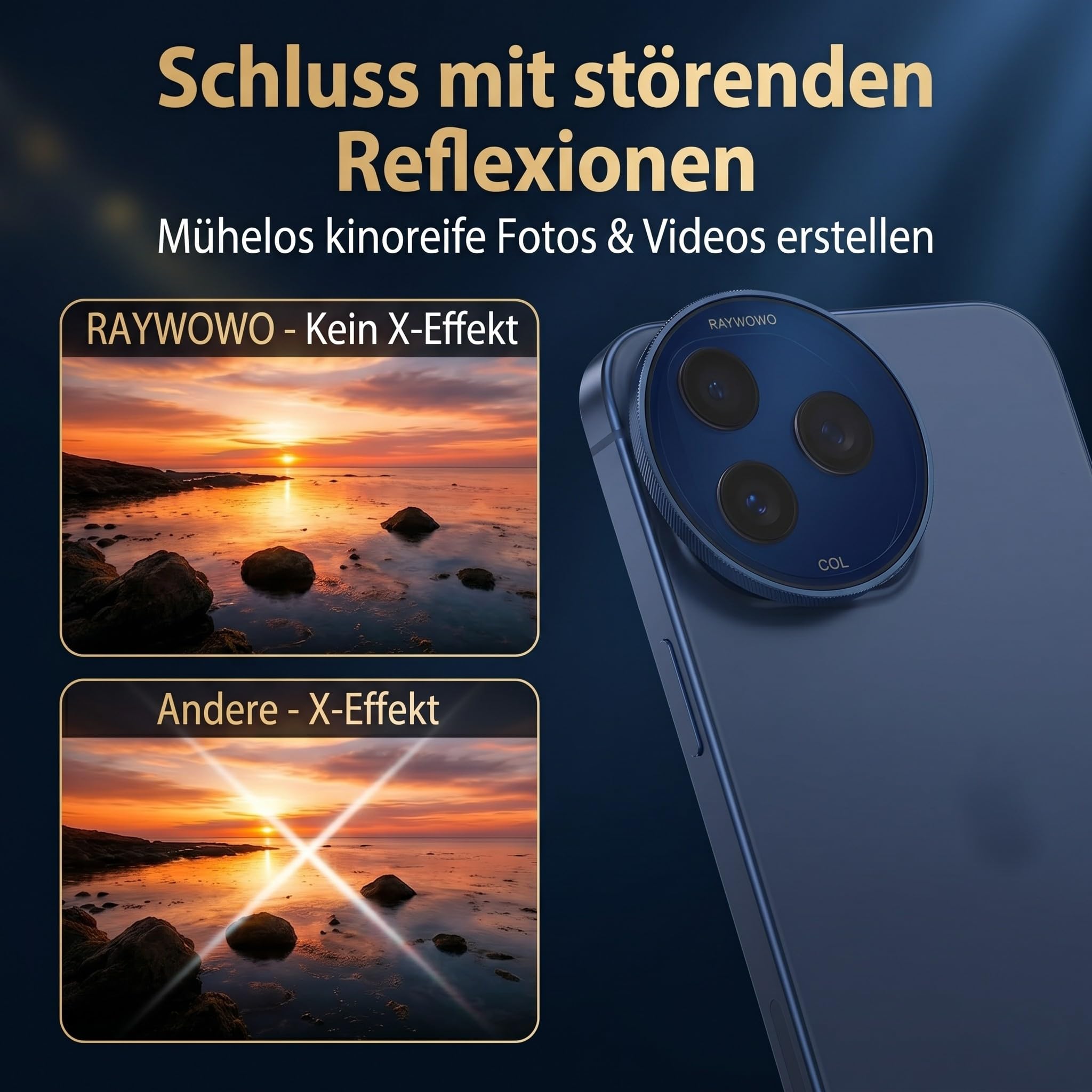 Snap-On Verstellbarer ND-Filter VND2-32 für iPhone 17 Pro & Pro Max, 11,2g Ultraleichter Kamera Graufilter, AGC Optisches Glas mit 28-Schicht-Vergütung, Anti-X-Effekt Handy Foto Zubehör (blau)