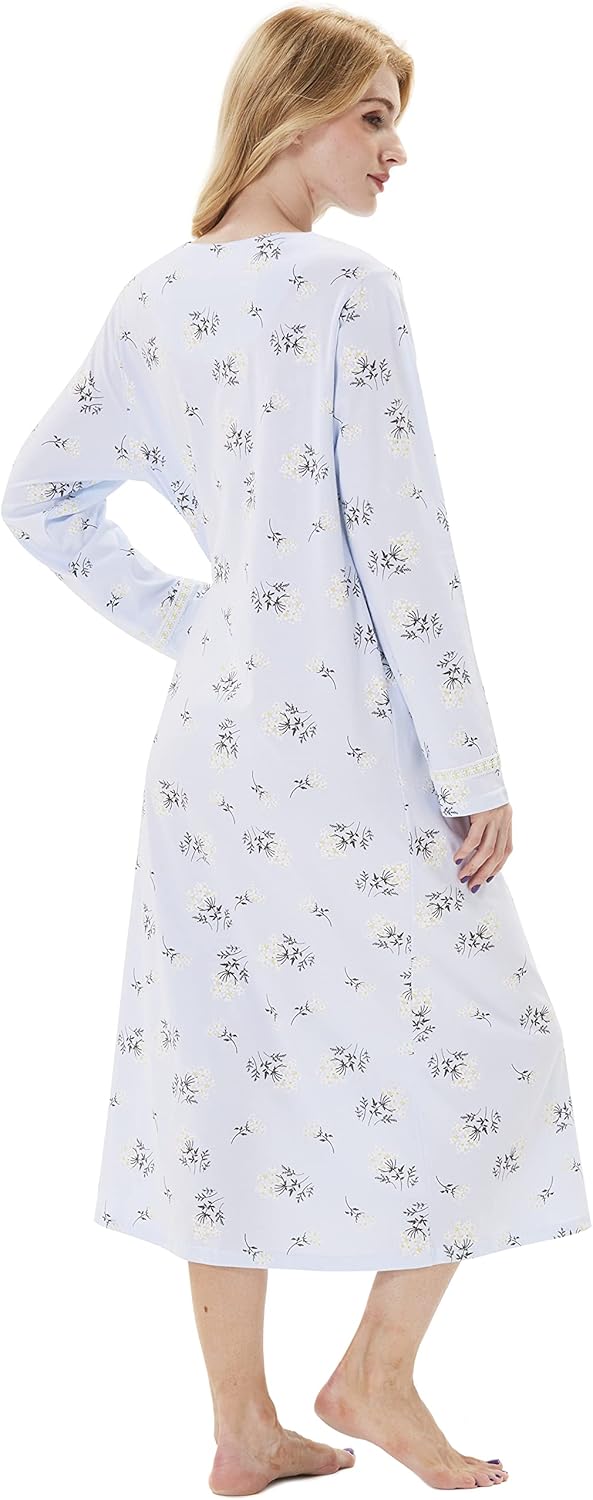 Keyocean Nightgowns for Women, Soft 100% Cotton Knit Nightgowns, Comfy Long-Sleeve Ladies Sleepwear Gown for Mom - Image 2