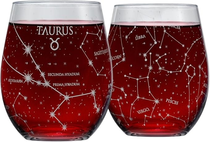 Greenline Goods Taurus Stemless Wine Glasses Zodiac Taurus Set Hand Etched 15 oz (Set of 2) - Astrology Sign Glassware