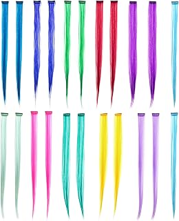 SWACC 22 Pcs Colored Party Highlights Clip on in Hair Extensions Multi-Colors Hair Streak Synthetic Hairpieces (11 Colors 22 Pcs in Set -Straight)