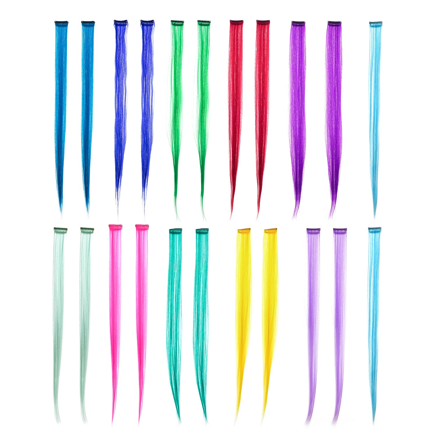 SWACC 22 Pcs Colored Party Highlights Clip on in Hair Extensions For Women Multi-Colors Hair Streak Synthetic Hairpieces (11 Colors 22 Pcs in Set -Straight)