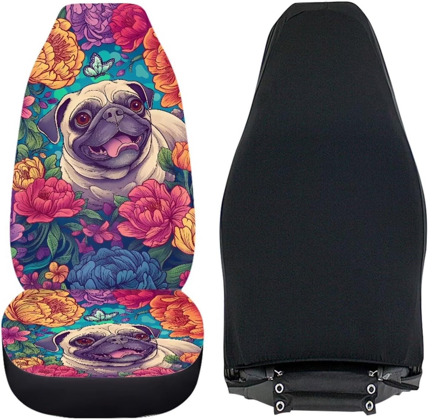 Poceacles Car Seat Covers, 2 Piece Universal Fit Auto Front Bucket Seat Protector Covers, Easy to Install, Automotive Interior Decor with Pug Dog Peony Floral Print