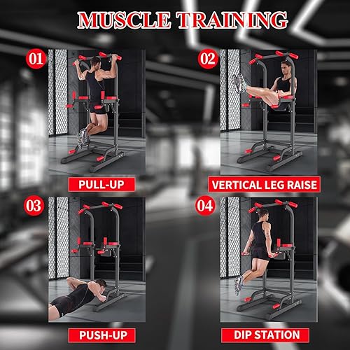 Miniatura 7 de Estación de inmersión de torre de potencia, estación de barra de dominadas y equipo de gimnasio multifunción para entrenamiento de fuerza en casa,