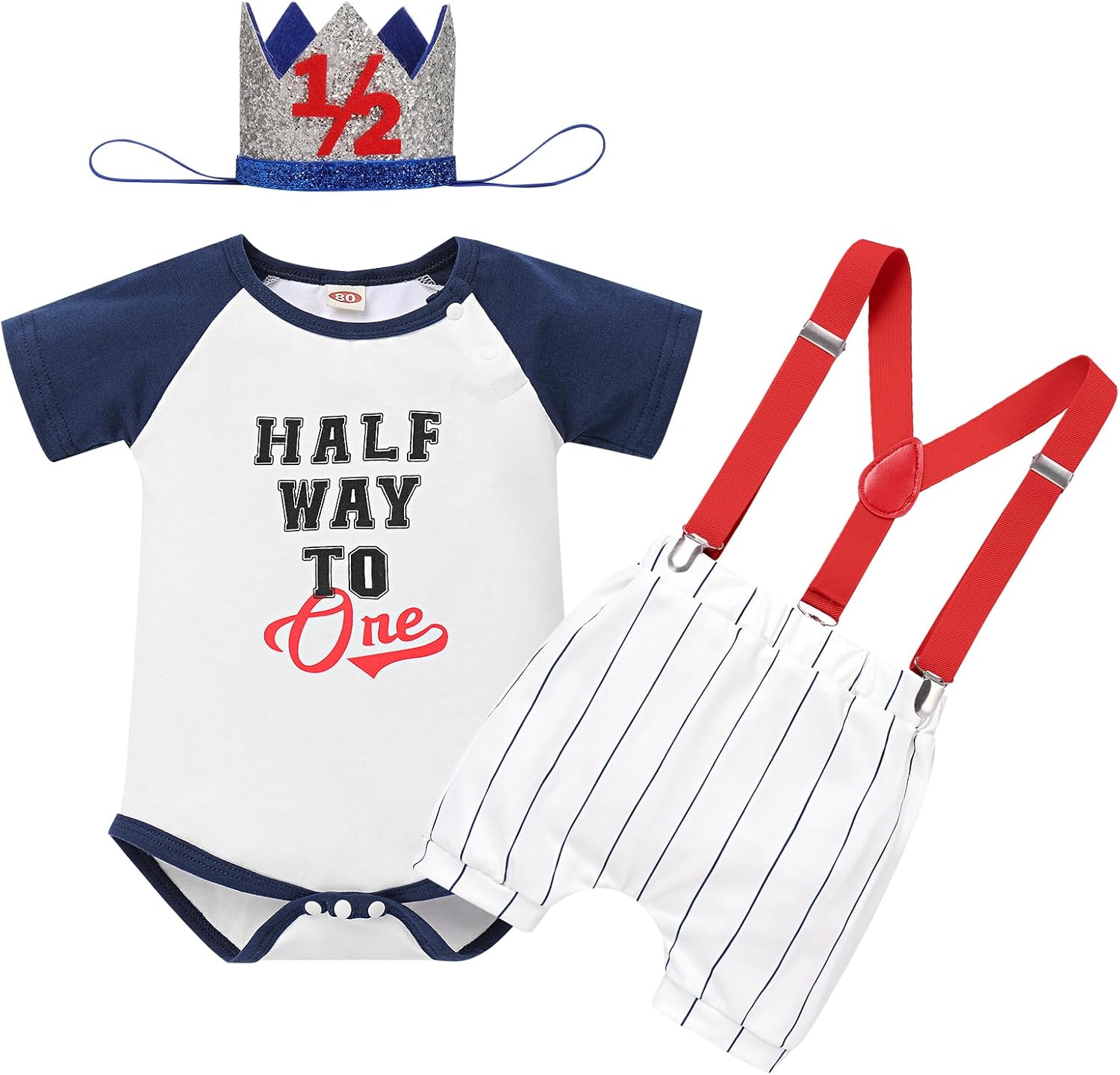 ODASDO Half Way To One Baby Boy Birthday Outfit Smash Cake Photoshoot Romper Shorts Headwear Suspenders 4pcs Set