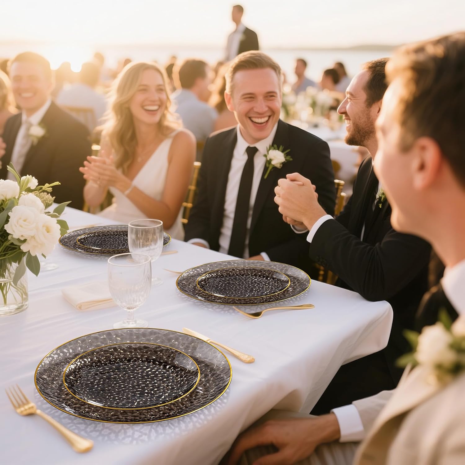 DaYammi 350PCS Clear Black and Gold Plastic Dinnerware Set for Party, Hammered Disposable Plates for Party, Include: 50 Dinner Plates, 50 Dessert Plates 150 Gold Silverware 50 Napkins 50 Cups - Image 9