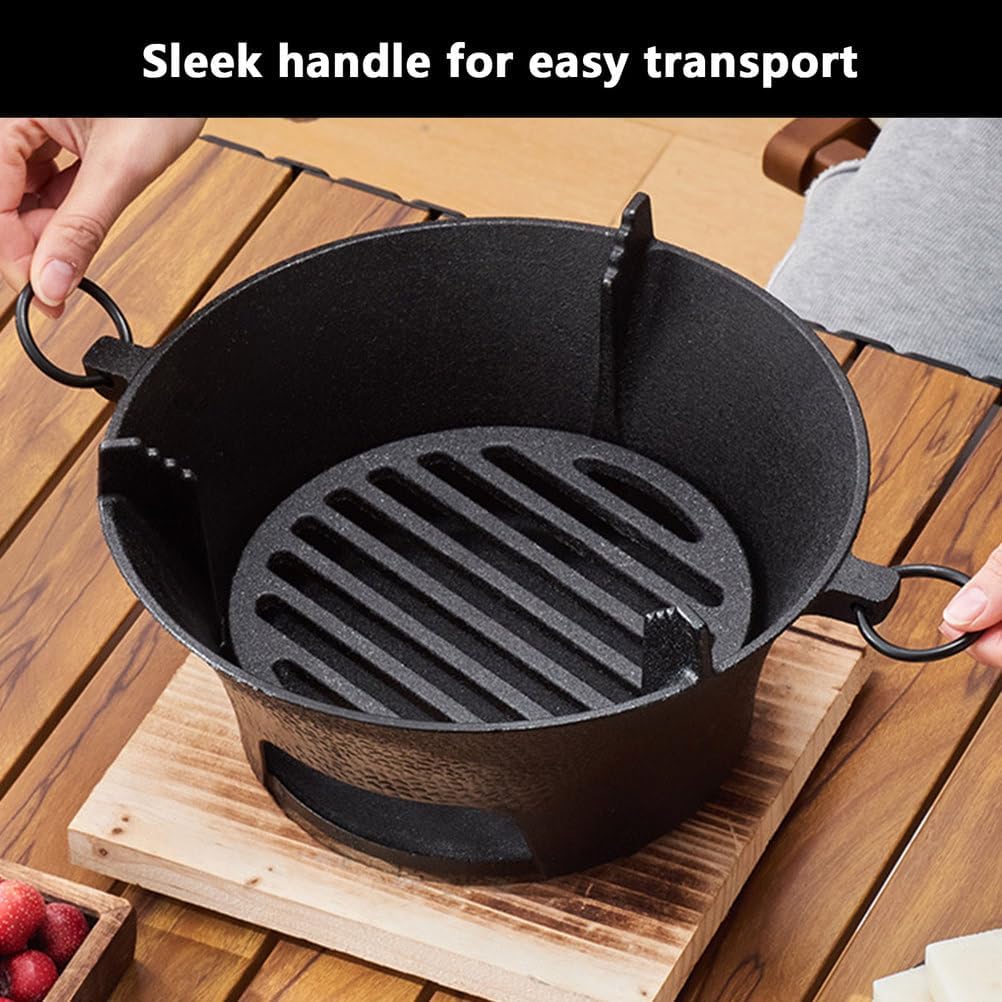 AIZYR Mini BBQ Grill, Portable Charcoal Stove Korean Tabletop Grill Barbecue Grill with Wooden Base for Outdoor Party Camping Picnics,26cm