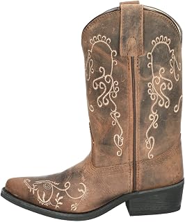 Smoky Mountain Children's Jolene Pull On Embroidered Snip Toe Brown Waxed Distress Boots
