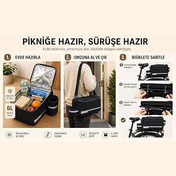 Sporsize 6 Litre Termal Bisiklet Arka Bagaj Çantası, Suya Dayanıklı Reflektörlü, Suluk Cepli ve Omuz Askılı