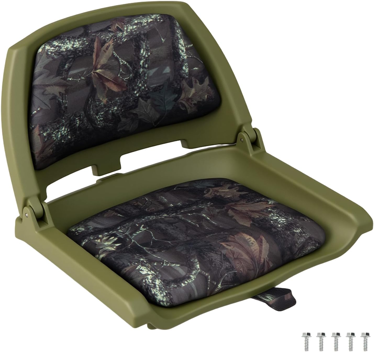 Goplus Boat Seats, Molded Low Back Fishing Boat Chairs, Marine-Grade PVC Cushion Pad for Back & Seat, 5 Bolts Included, Flip-up Jon Boat Seats, Bass Boat Cabin Seating (1 Pack-Camo Green)