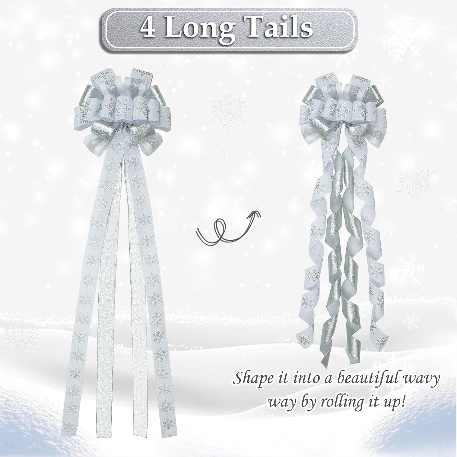 Christmas Tree Topper Bow, 53"x 13" Large Handmade Decorative Bows with Glitter Snowflake Wired Ribbon Long Streamer for Home Christmas Decoration, White/Silver - Image 5