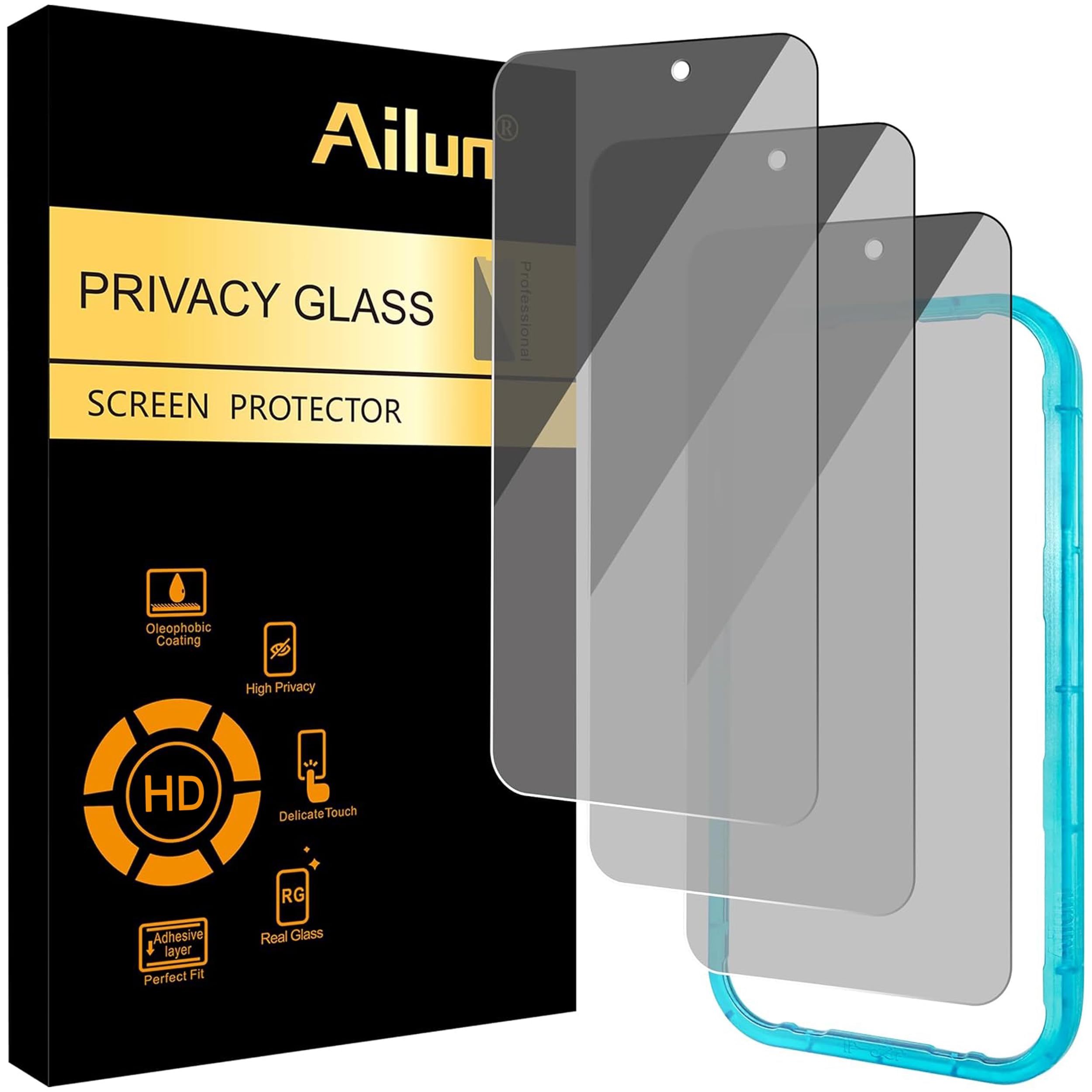 Ailun 3 Pack Privacy Screen Protector for iPhone 17 Pro, Tempered Glass | 6.3 inch,Installation Frame, Anti Spy Private, Anti