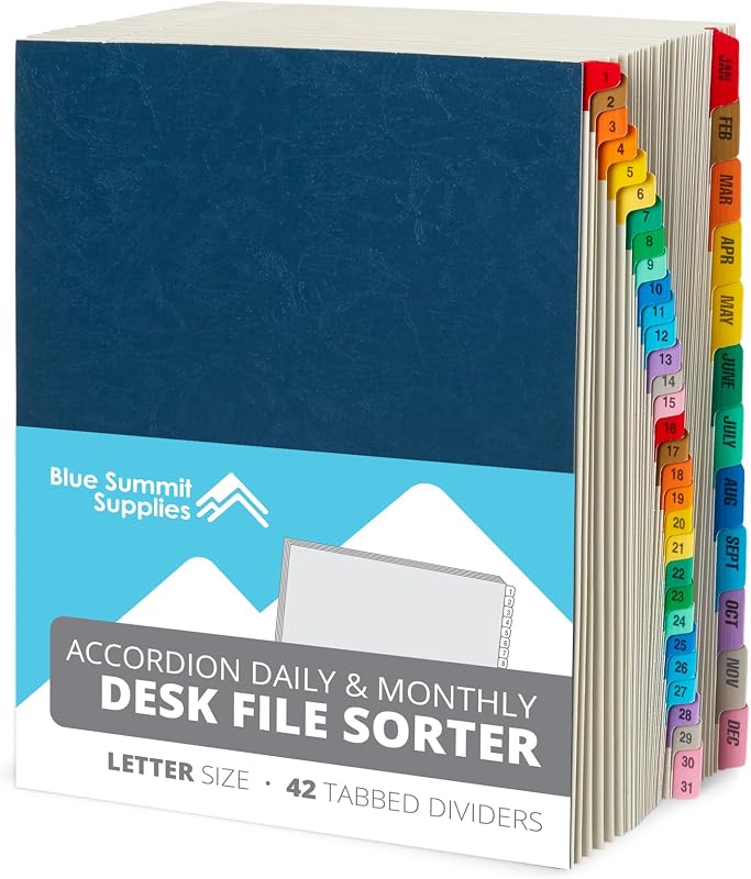 Desk File Sorter, Letter, 1-31 & Jan-Dec Tabs, Blue | Expanding tickler file, 31 daily and 12 monthly colored tabs, for bills, receipts, and desk organization