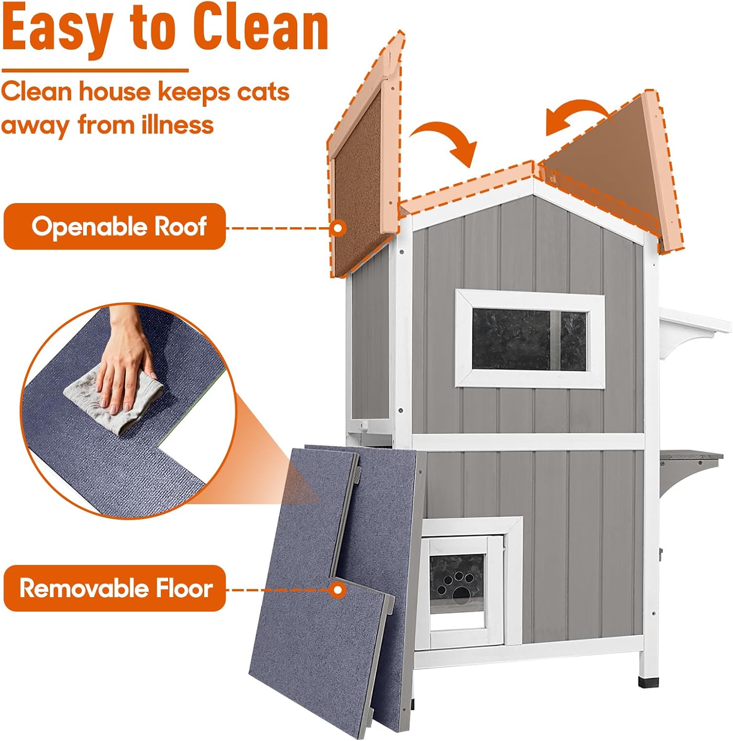 2-Story Insulated Warm Cat House, Weatherproof Cat Shelter with 2 Platforms, Thermal Layers,2 Escape Doors, Openable Roof, Removable Floor, Ideal for Feral Cats in Outdoors & Indoors, Grey