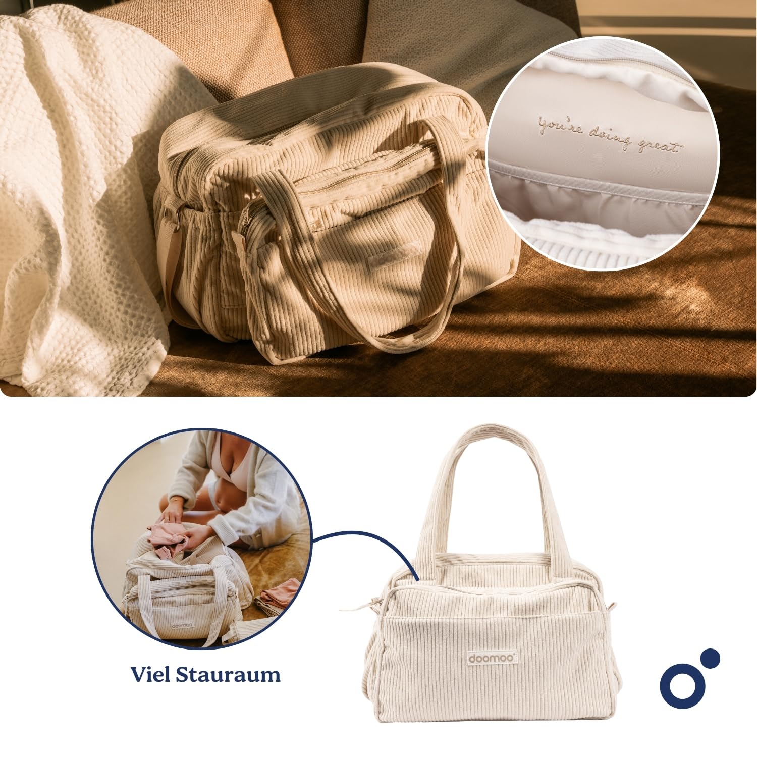 doomoo Wickeltasche Fluffy - 24l Kapazität, Abnehmbare Tasche, inkl. 8 Baby-Zubehörteile darunter Wickelunterlage, Kinderwagenbefestigungen & Isoliertasche, Windeltasche für unterwegs, Corduroy Kaki
