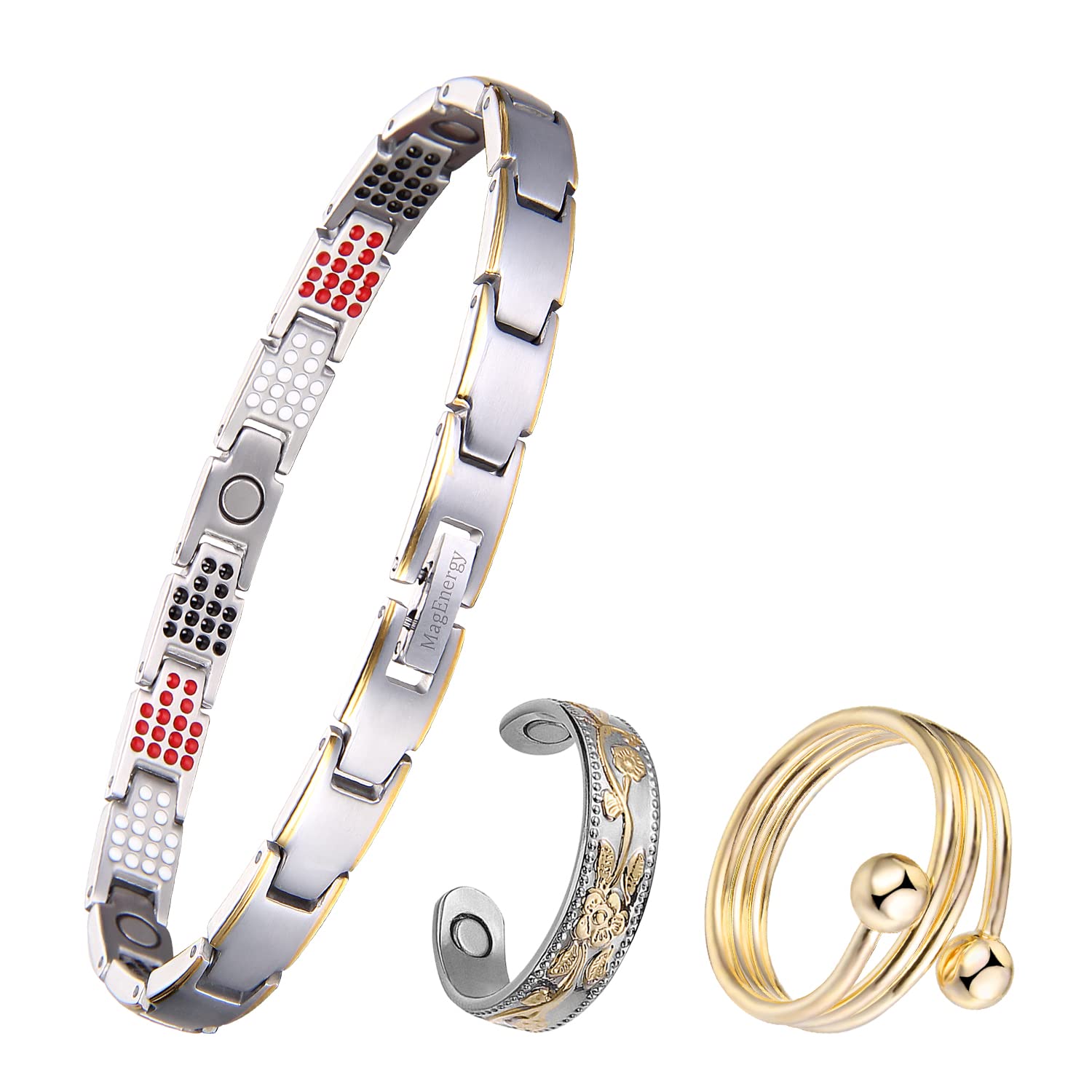 MagEnergy Titanium Bracelet with 4 Elements(197pcs) and Copper Rings for Women Adjustable Megnetic Bracelet and Rings for Women Mother's Day Gift Jewelry