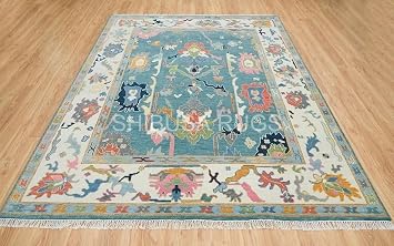 Hand-Tufted Oushak Wool Rug Handmade Unique Turkish Traditional Design, Boho Inspired Square Rug in Soft Pastel Colors for Living Room, Bedroom & Entryway Decor (Teal Blue, 8' x 8' Square)
