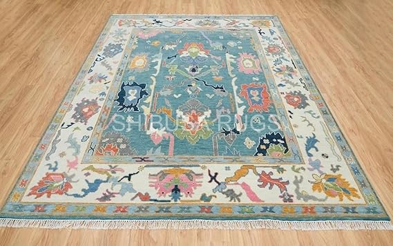 Hand-Tufted Oushak Wool Rug Handmade Unique Turkish Traditional Design, Boho Inspired Square Rug in Soft Pastel Colors for Living Room, Bedroom & Entryway Decor (Teal Blue, 8' x 8' Square)
