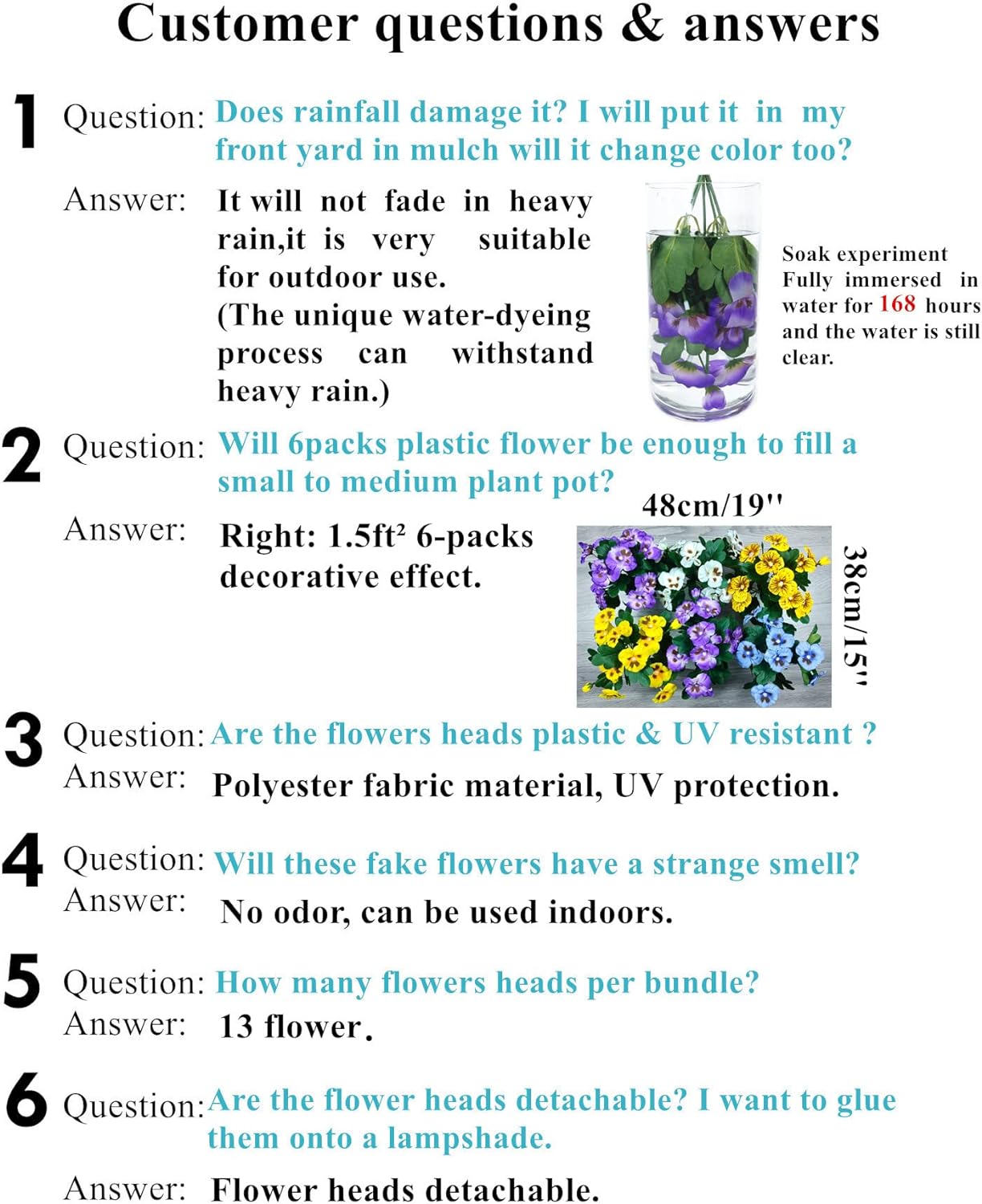 QIANYUN 12 Bundles Artificial Flowers Outdoor UV Resistant Artificial Pansies Faux Plastic Flower in Bulk Fake Outdoor Plants (12, White/Purple/Blue/Yellow) - Image 5