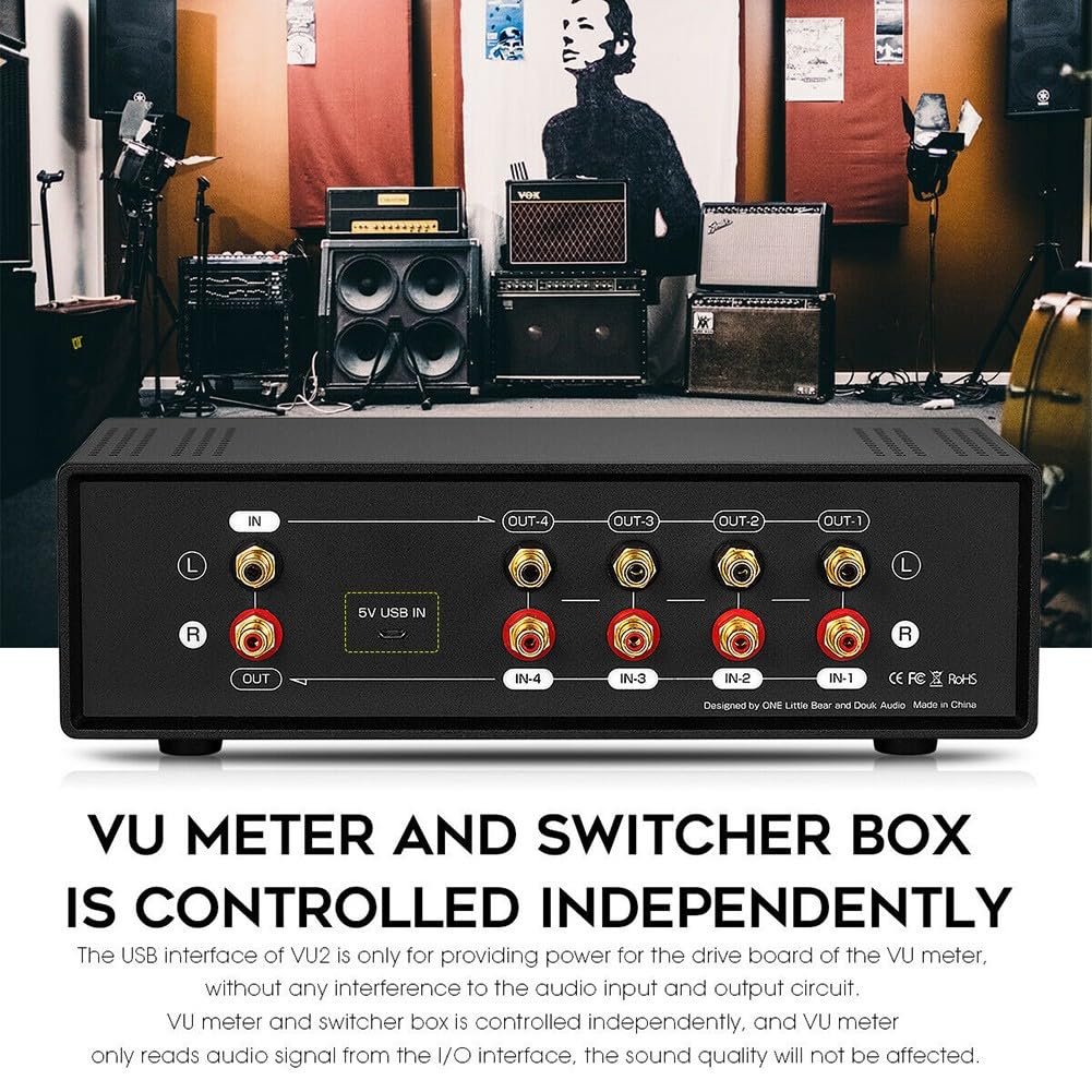 Caja de conmutación de audio analógica dual VU con divisor RCA de 4 vías con entrada de micrófono, modo DB/ACG, ajuste de retardo de ganancia, control remoto para estudio en casa