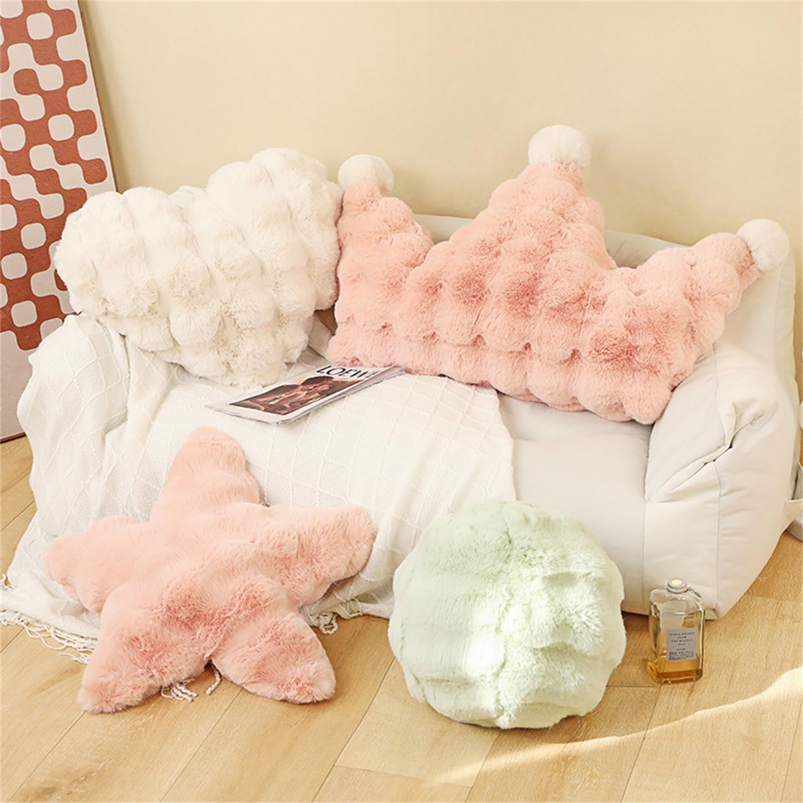 Champracer Plüsch Kissen, Sterne Flauschig Kissen, Flausch Plüsch Dekokissen, Crown Pentagram Love Ball Pillow, Dekoration für Kinderzimmer, Couch, Sofa, Bett (Weiße Krone,70 * 50 cm)