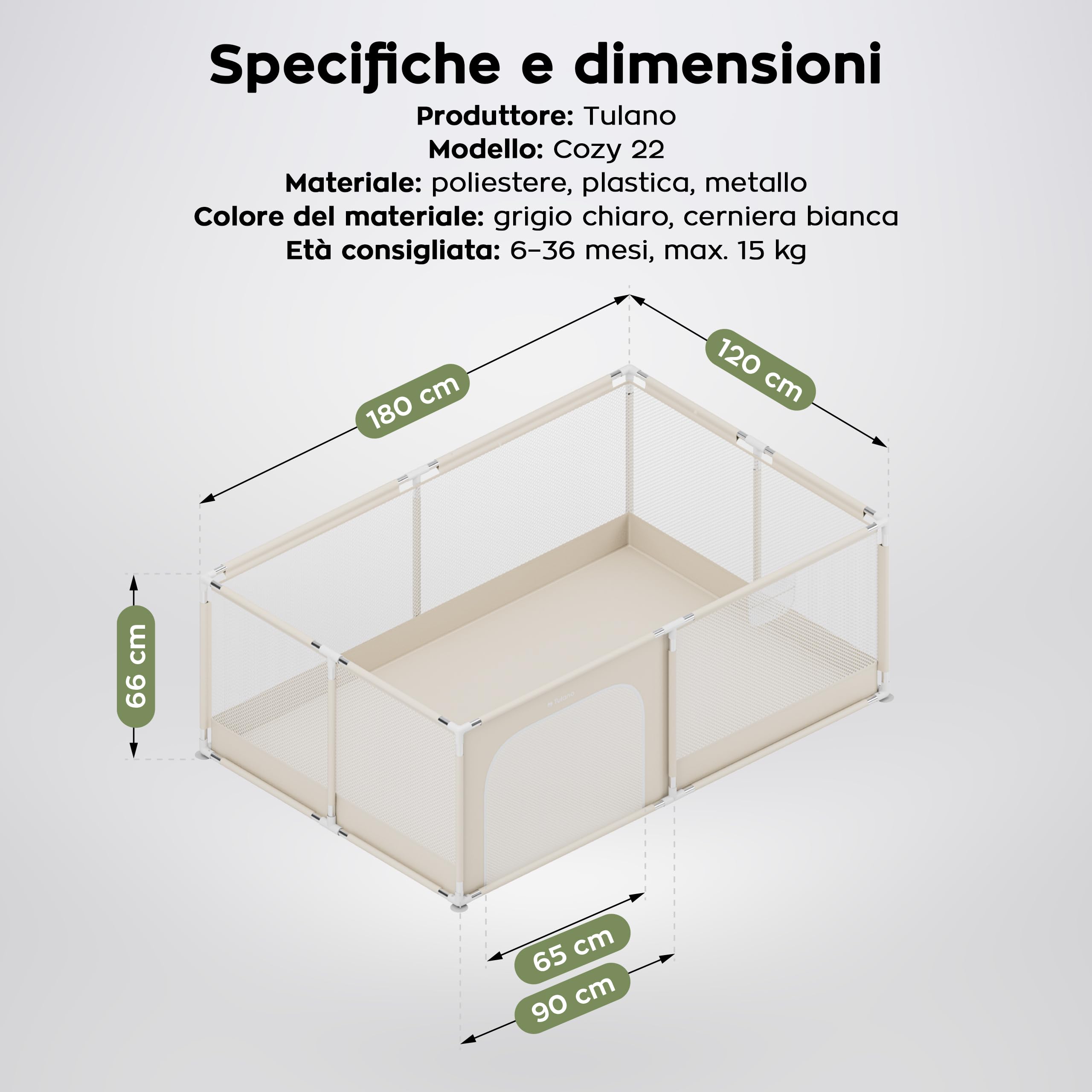 Tulano Cozy 22 Box per Bambini 120x180 cm - Recinto Neonato con Fondo | 6-36 mesi - Struttura in Metallo – Rete Traspirante – Porta con Cerniera – Borsa Inclusa – Casa e Giardino – Beige