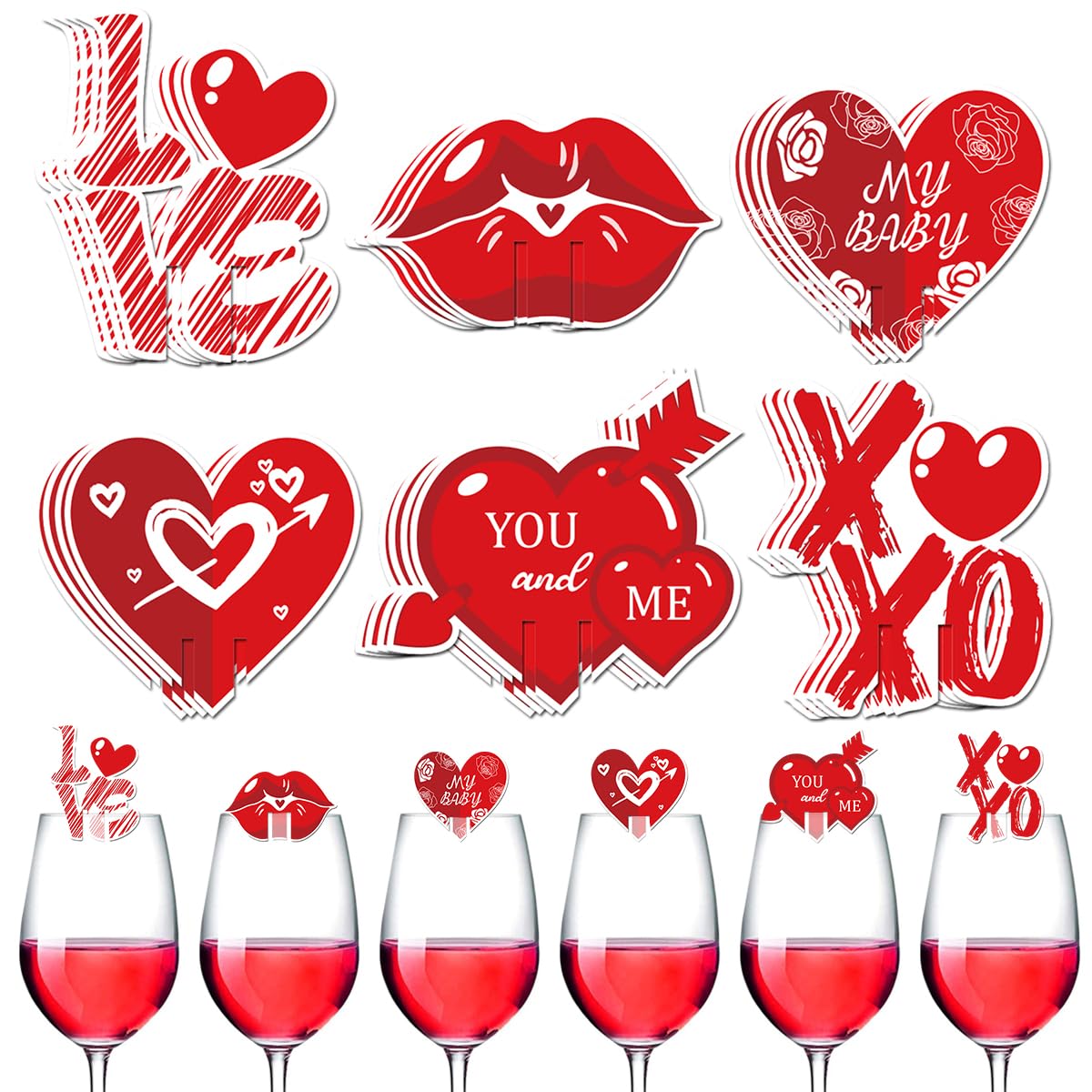 Valentine's Day Drink Markers Wine Glass Markers for Stem Glasses Cute Styles Red Love Heart XOXO Lip Shape Wine Charms Identifier for Wedding Bridal Shower Wine Glass Decor Party Supplies 24Pcs