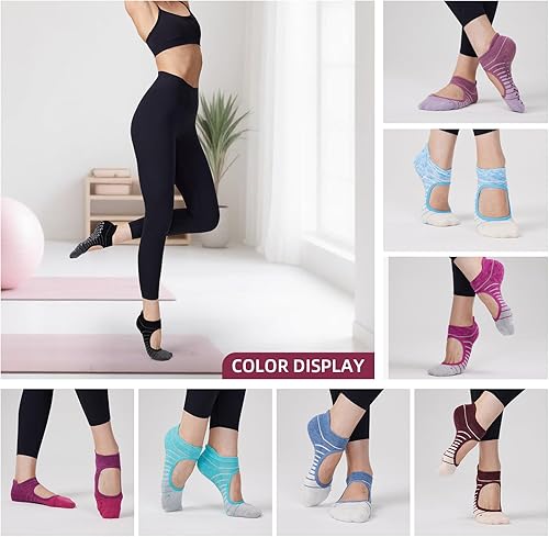 Miniatura 5 de Calcetines de yoga antideslizantes para mujer, 4 pares de calcetines elásticos de agarre para pilates, barras, baile y entrenamientos de estudio
