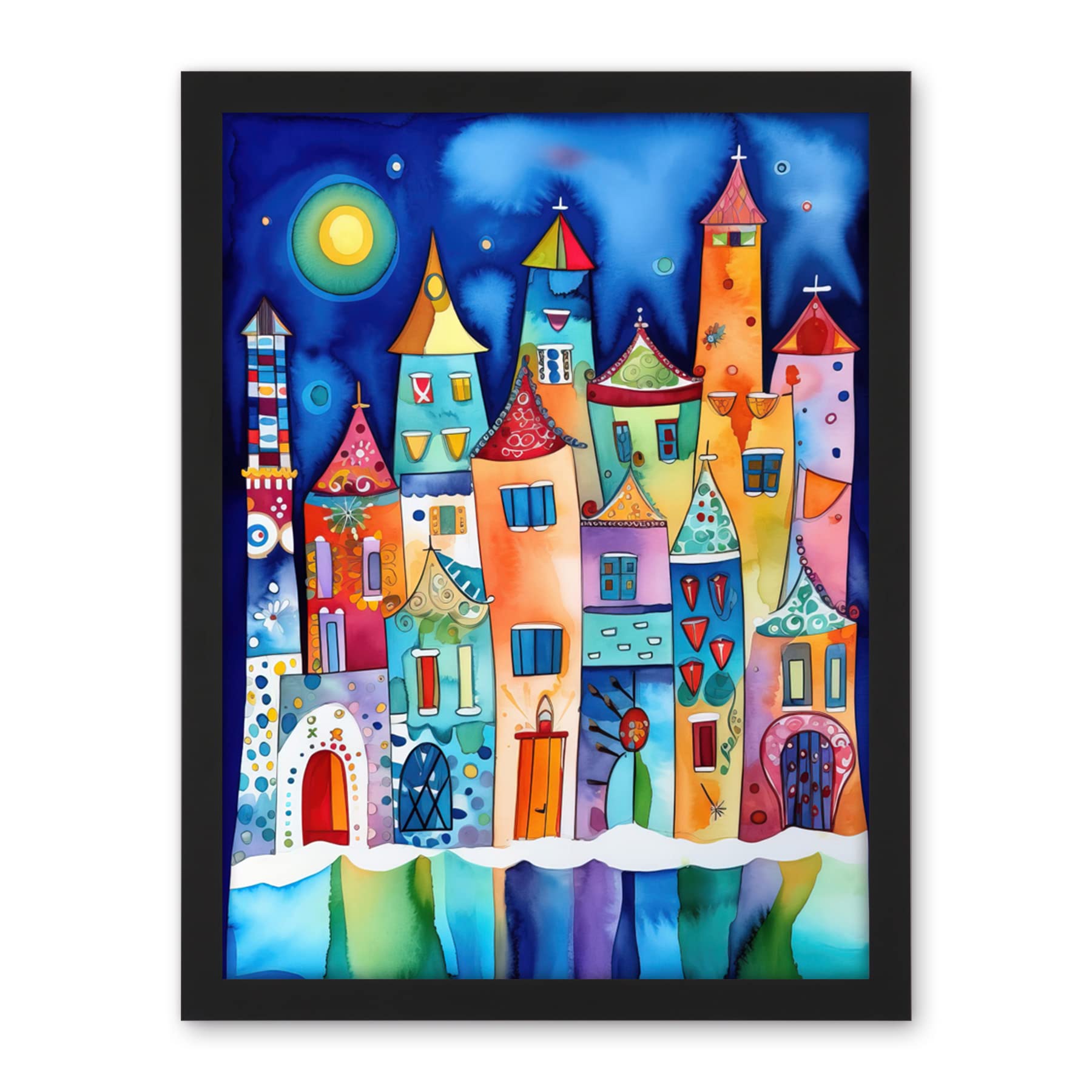 Artery8 Midnight Abstract Town Folk Art Artwork Framed Wall Art Print 18X24 Inch