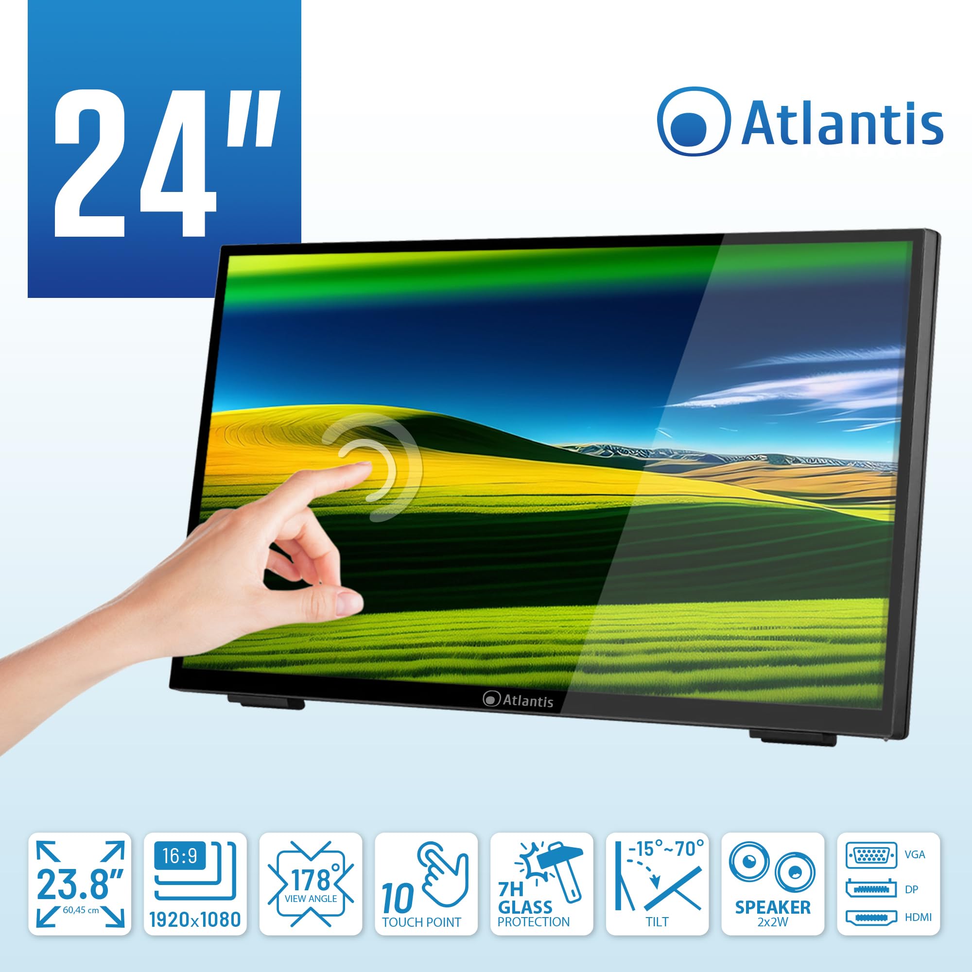 Atlantis Monitor Touch 24 pollici Full HD a 10 tocchi, vetro 7H | 1920x1080 HDMI/VGA/DP, inclinazione 15°-70°, vetro protettivo 7H contrasto 3000:1, angolo 178°, VESA 100, cod. A05-T24A-VHDM