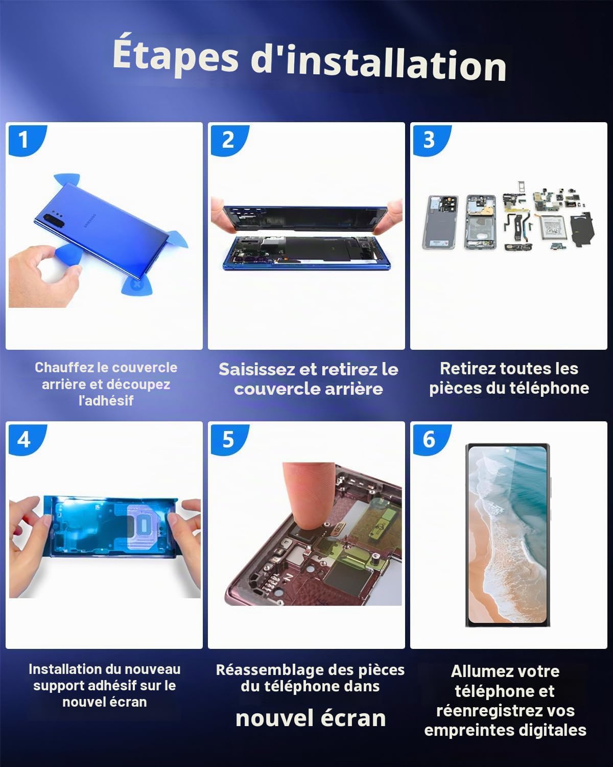 Écran OLED de rechange pour Samsung Galaxy S22 Ultra 5G, écran LCD avec cadre et capteur d'empreintes digitales, kit d'outils complet et instructions d'installation (français non garanti) (noir