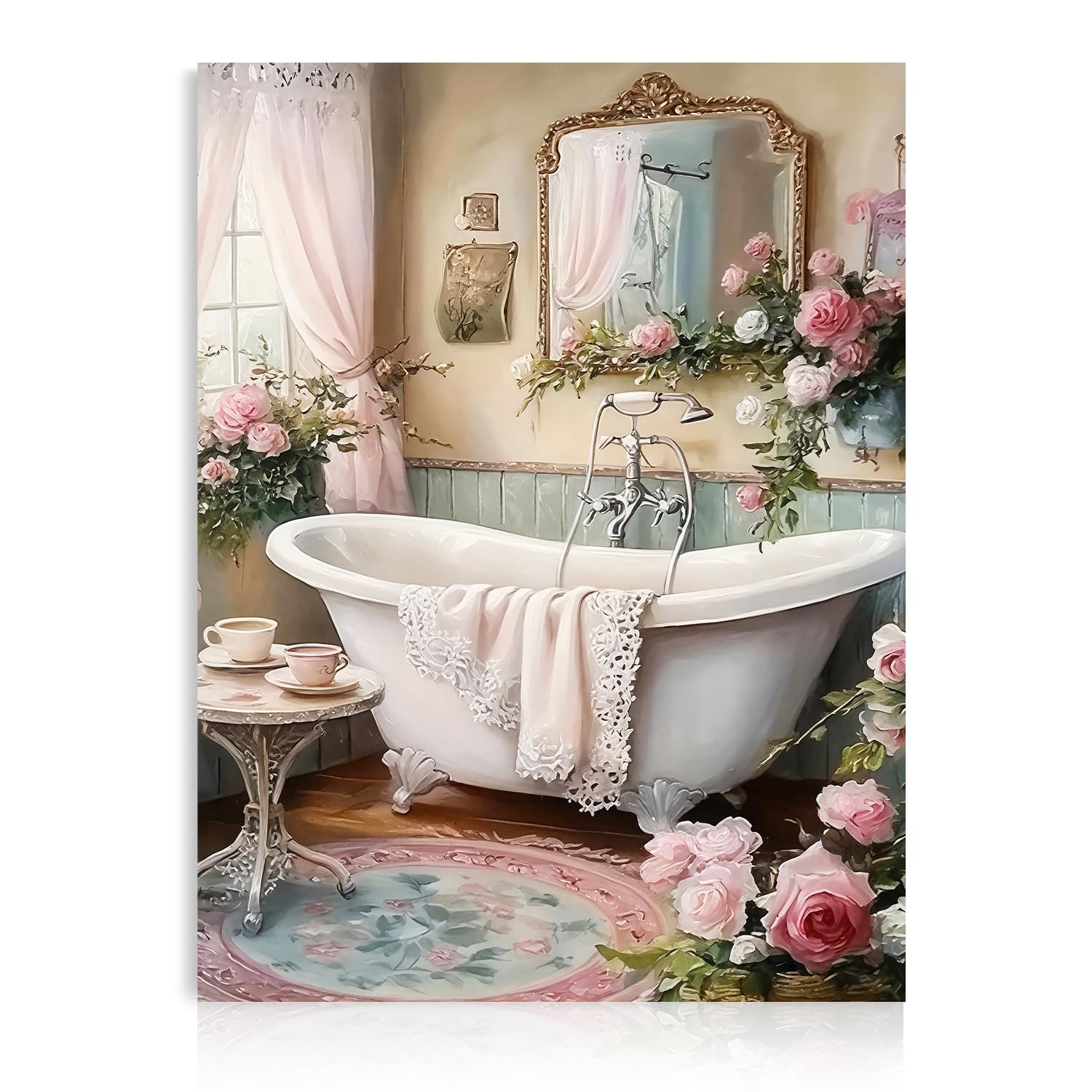 Dazzlewall Elegant Bathroom Wall Decor,Romantic Pink Rose Theme Bathtub Artwork for Bathroom Toilet Decor 12x16 in Unframed
