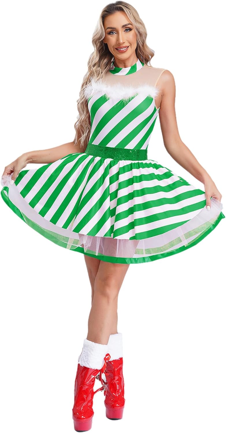 Christmas Dance Costumes Candy Cane Striped Dress Figure Ice Skating Dress for Womens