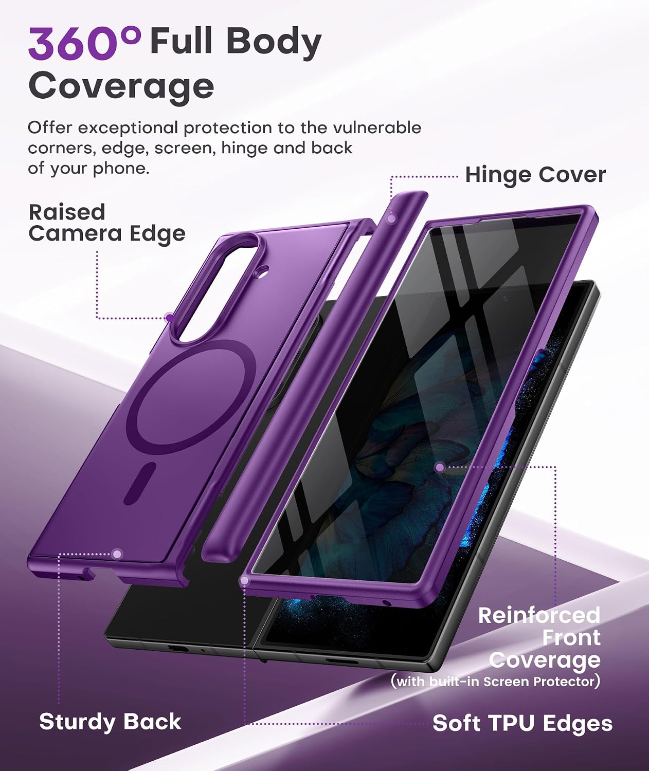 BERFY for Samsung Galaxy Z Fold 7 Case with Privacy Screen Protector, [Compatible with MagSafe][Anti Spy] Built-in Hidden Kickstand, Full-Body Shockproof Slim Phone Case for Z Fold 7, Purple thumbnail
