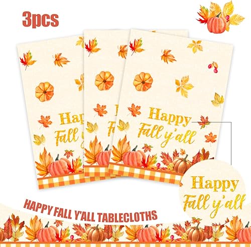 Miniatura 3 de Decoraciones de fiesta de otoño, 3 piezas, mantel de otoño con diseño de calabaza y hojas de arce, manteles de plástico para cosecha de otoño,