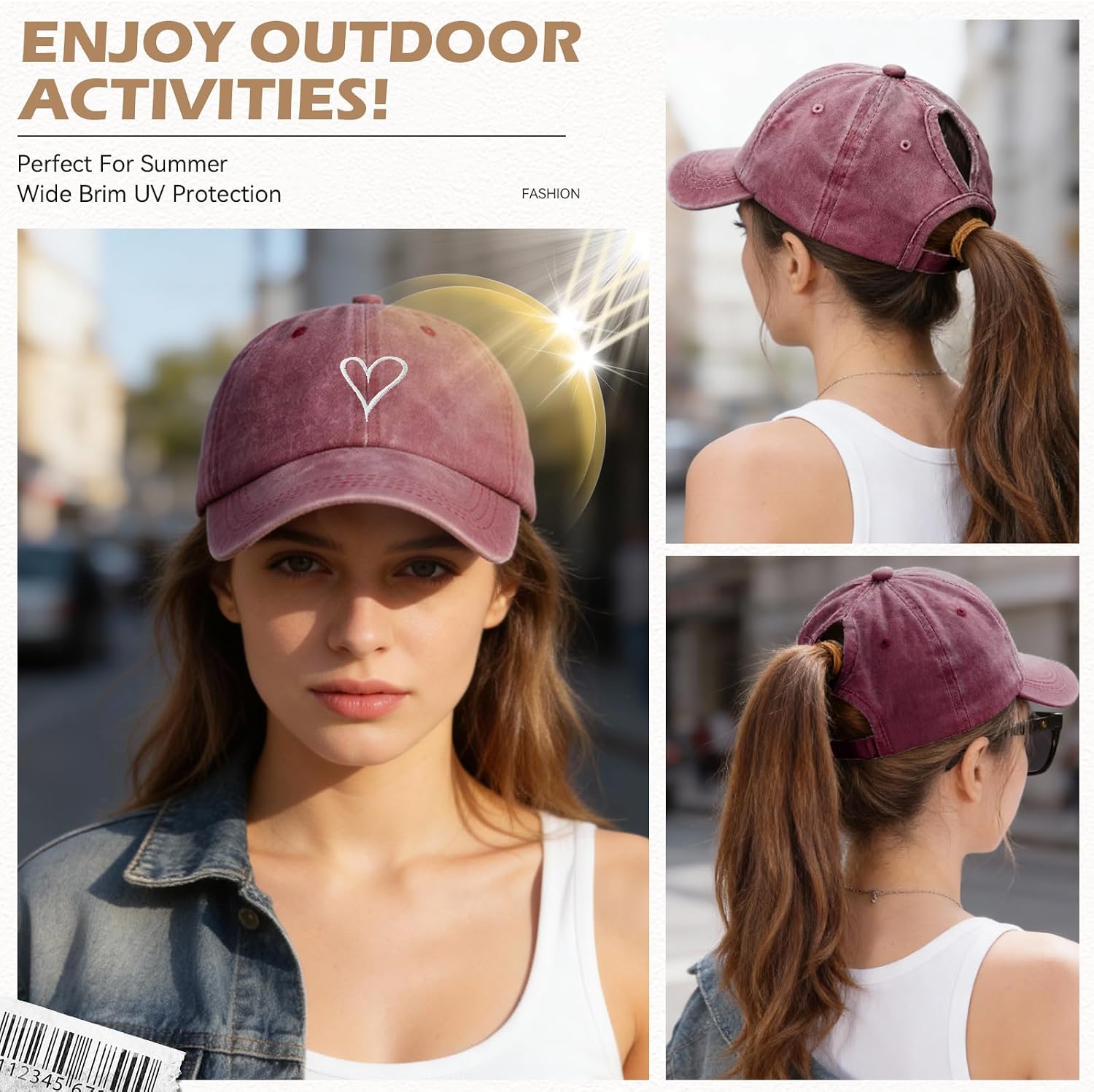 Women's Cap with Braid Hole Summer Cap Adjustable Baseball Cap Cotton Vintage Baseball Cap with Embroidery Breathable Cap Outdoor Peaked Cap image 2