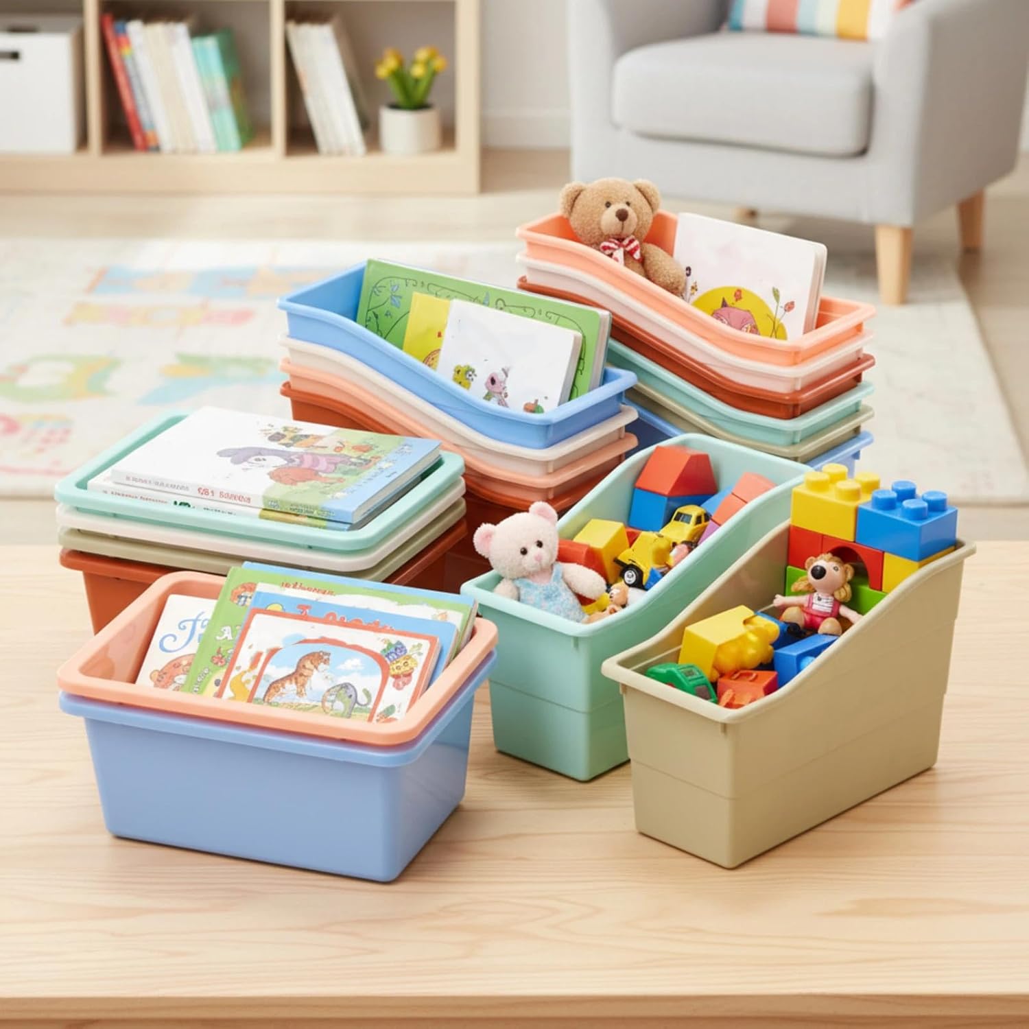 Harloon 24 Pcs Durable Book and Binder Holder and Cubby Bin Storage Bins Vertical Book Organizer Plastic Storage Container with 1 Pack Labels for Home Office Organization(Morandi Colors)