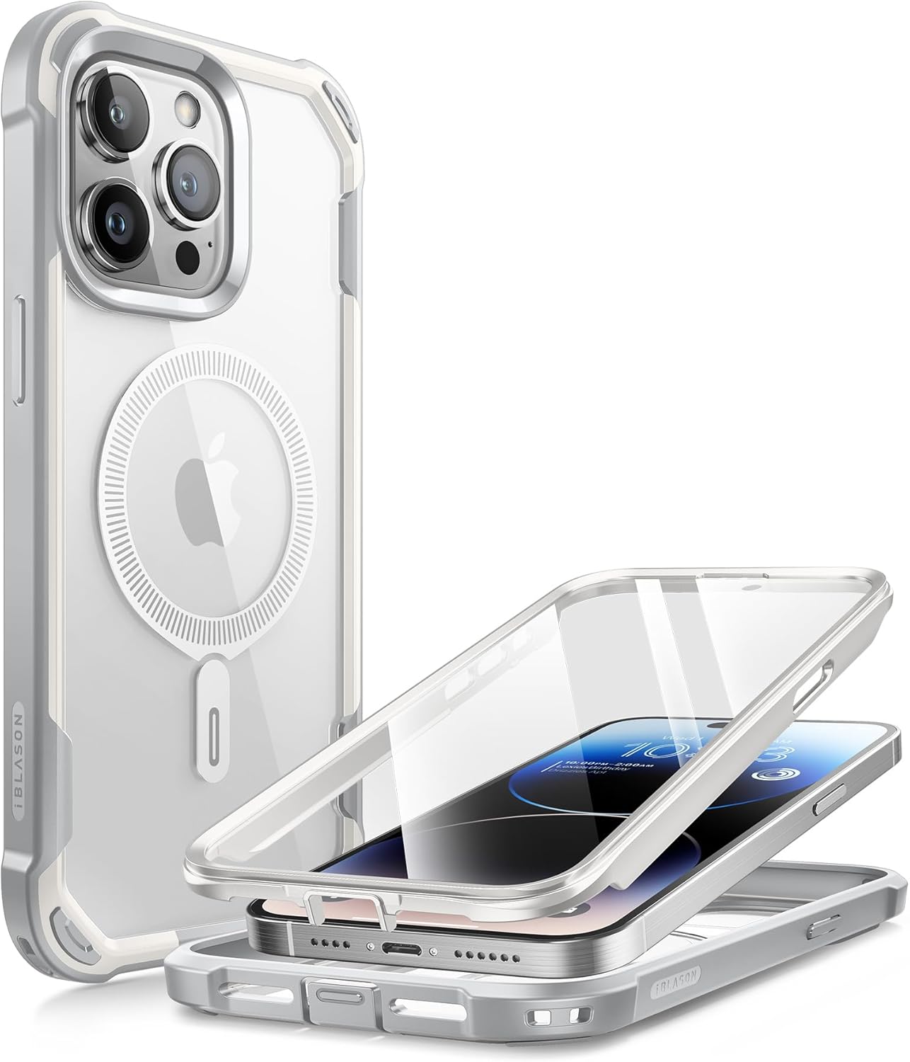 i-Blason Case for iPhone 15 Pro Max Compatible with MagSafe Bumper Case, Transparent Mobile Phone Case, Robust Protective Cover [Ares] with Screen Protector, Mobile Phone Case for iPhone 15 Pro Max White