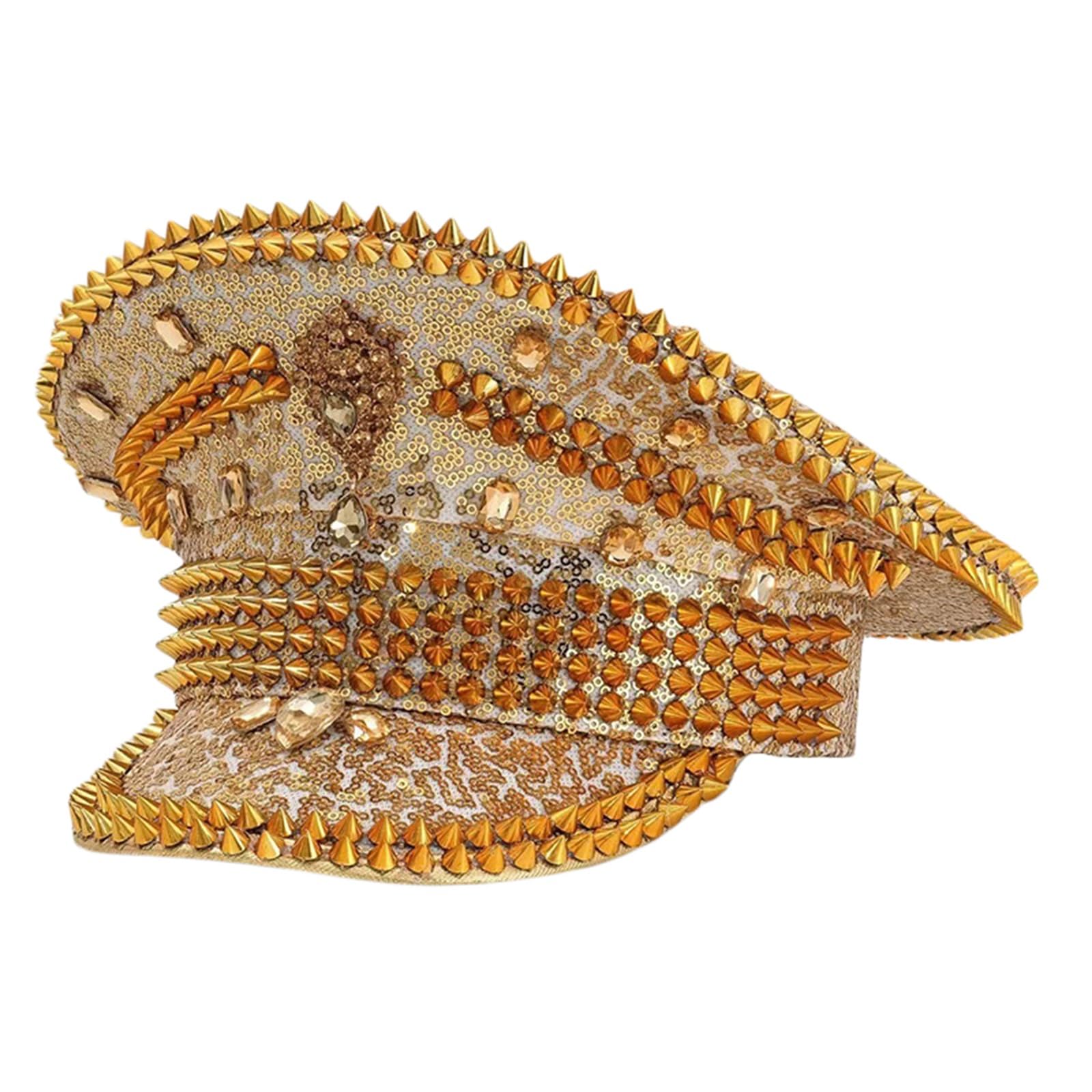 SANSIWU Rhinestone Sequin Captain Hat Sparkly Spiked Steampunk Military Hat Glitter Rave Party Costume Headwear for Women Bachelorette Cap (A-Apricot, ONE Size) — image 1