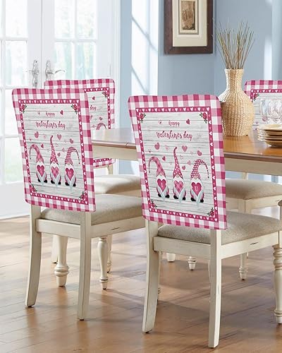 Miniatura 1 de Happy Valentines Pink with Love Chair Covers - 8 Pcs Dining Room Chair Back Covers, Retro Woode Backdrop Chair Slipcovers Removable Chair Protectors
