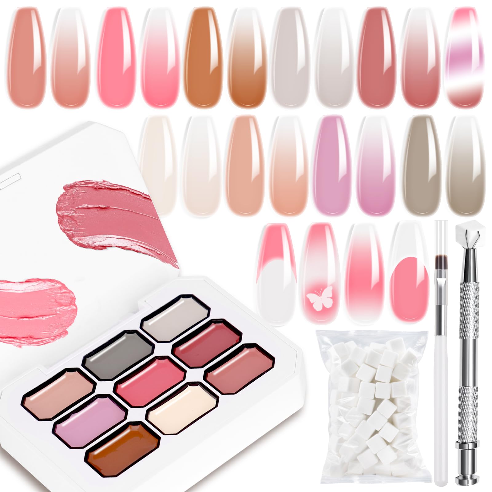Gradient Painting Gel Set, 9 Colors Nude Pink White Ombre Gel Nail Polish with 50pcs Nail Sponges, 4 Claws Metal Grabber and Brush for Nail Art DIY