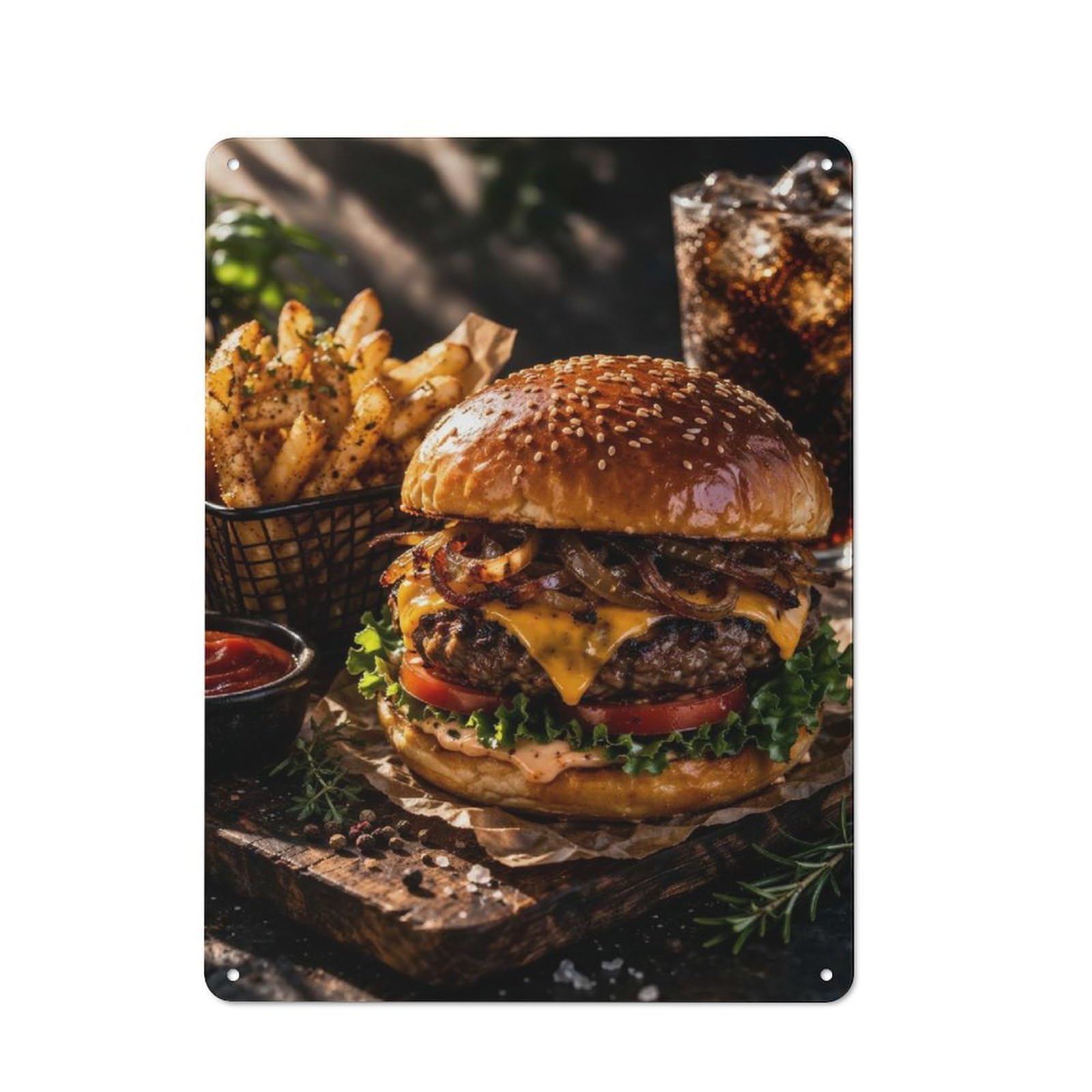 Metal Wall Sign 40x30cm Featuring Gourmet Burger with Fries And Soda for Garage Wall, for Kitchen, Dining Room And Home Bar Wall Decor